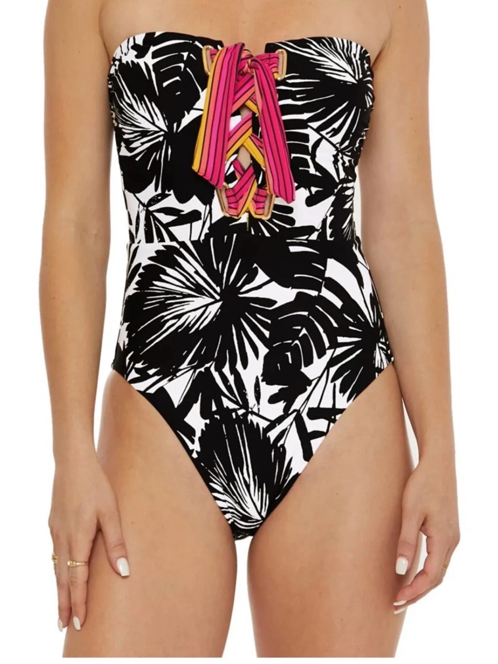 Trina Turk Black & White Palm Print One-Piece with Pink and Gold Lace-Up